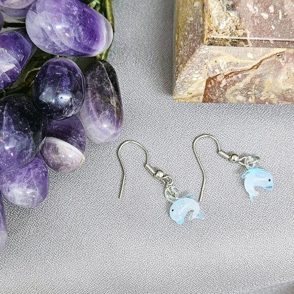 Tiny Blue, Handblown Glass Dolphin Earrings Silver Plate, Coil Ear Wires 1 1/4" - Picture 3 of 7